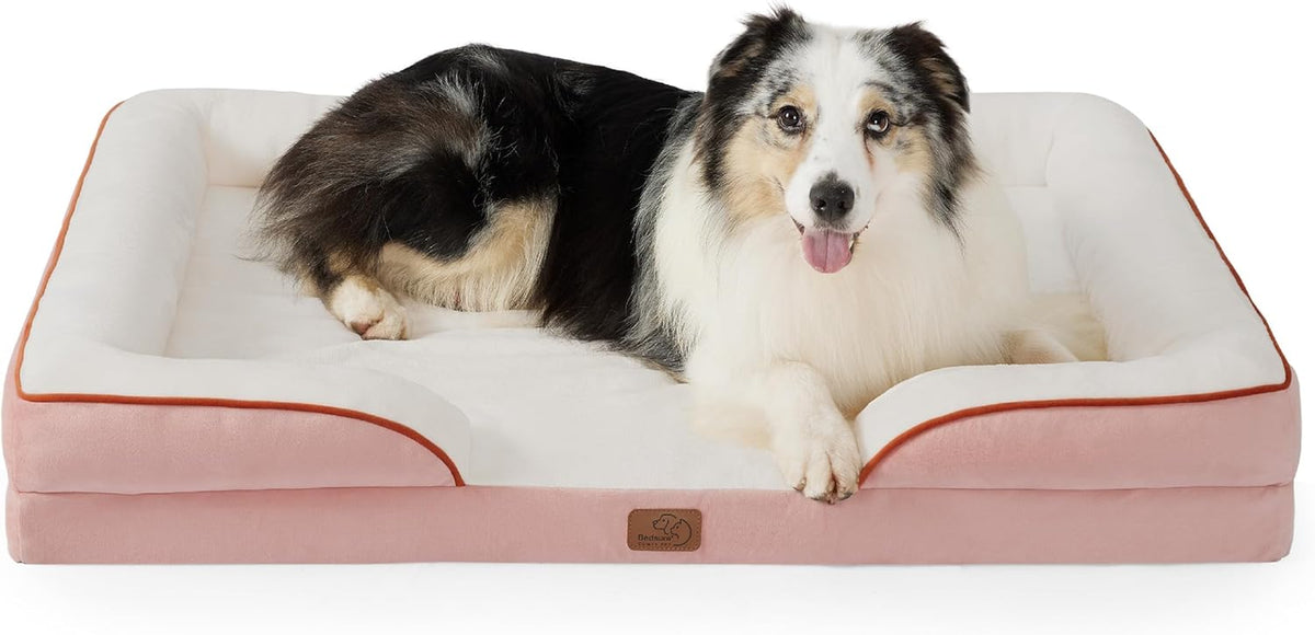 Happy black-and-white dog lying on a pink dog bed with cream cushion and piping