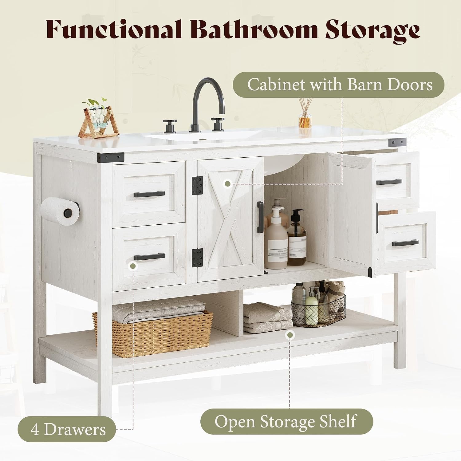 Angled side view showing double barn-door cabinet open and lower open storage shelf with baskets