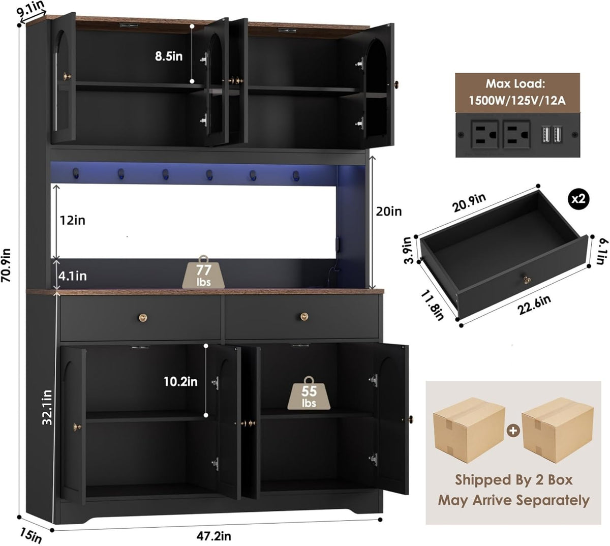 Diagram of pantry hutch with dimension callouts, internal shelves and two-piece shipping boxes illustrated