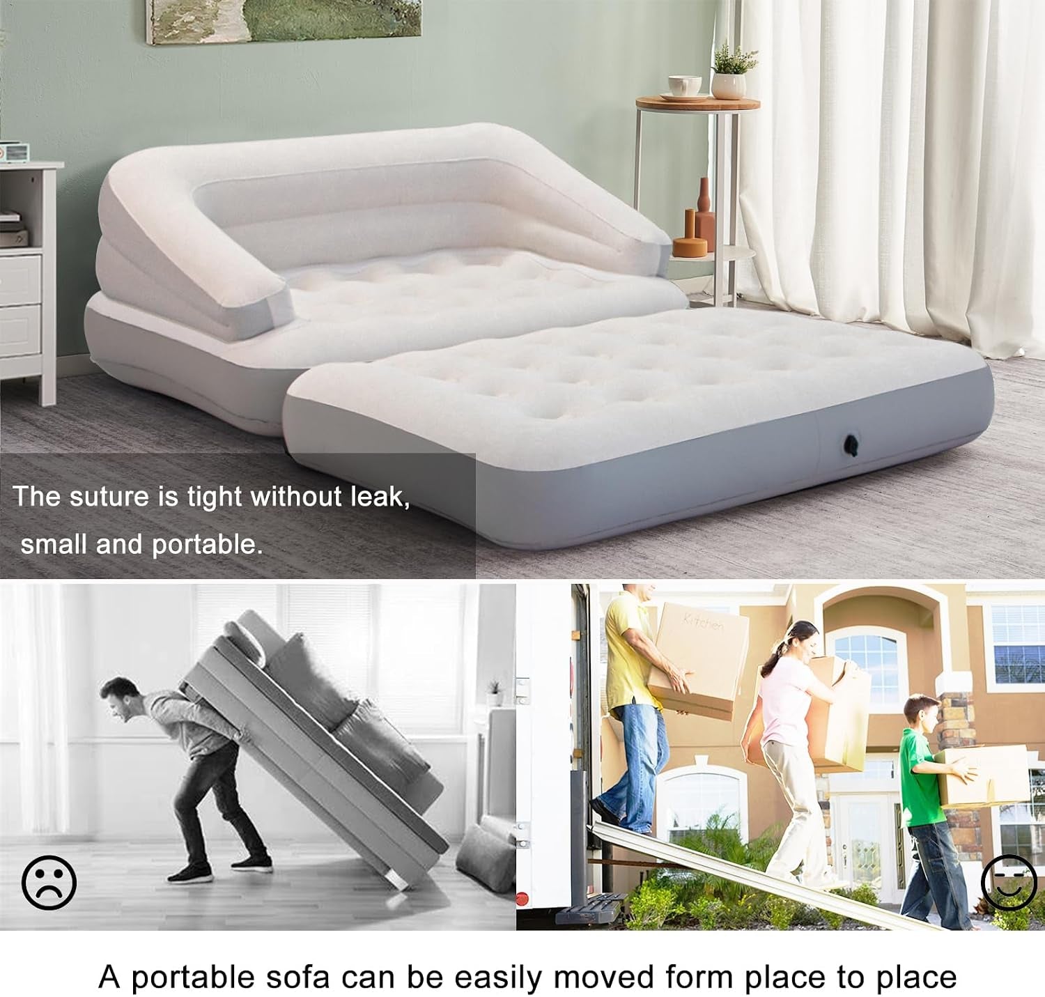 Inflatable sofa bed laid out with detached mattress in a staged bedroom scene showing seam detail