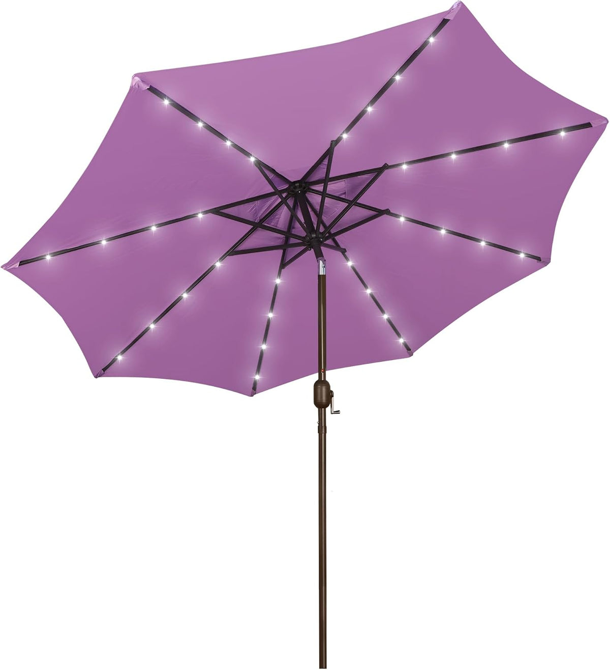 Bright purple patio umbrella open with LEDs along the ribs and a dark central pole with crank.