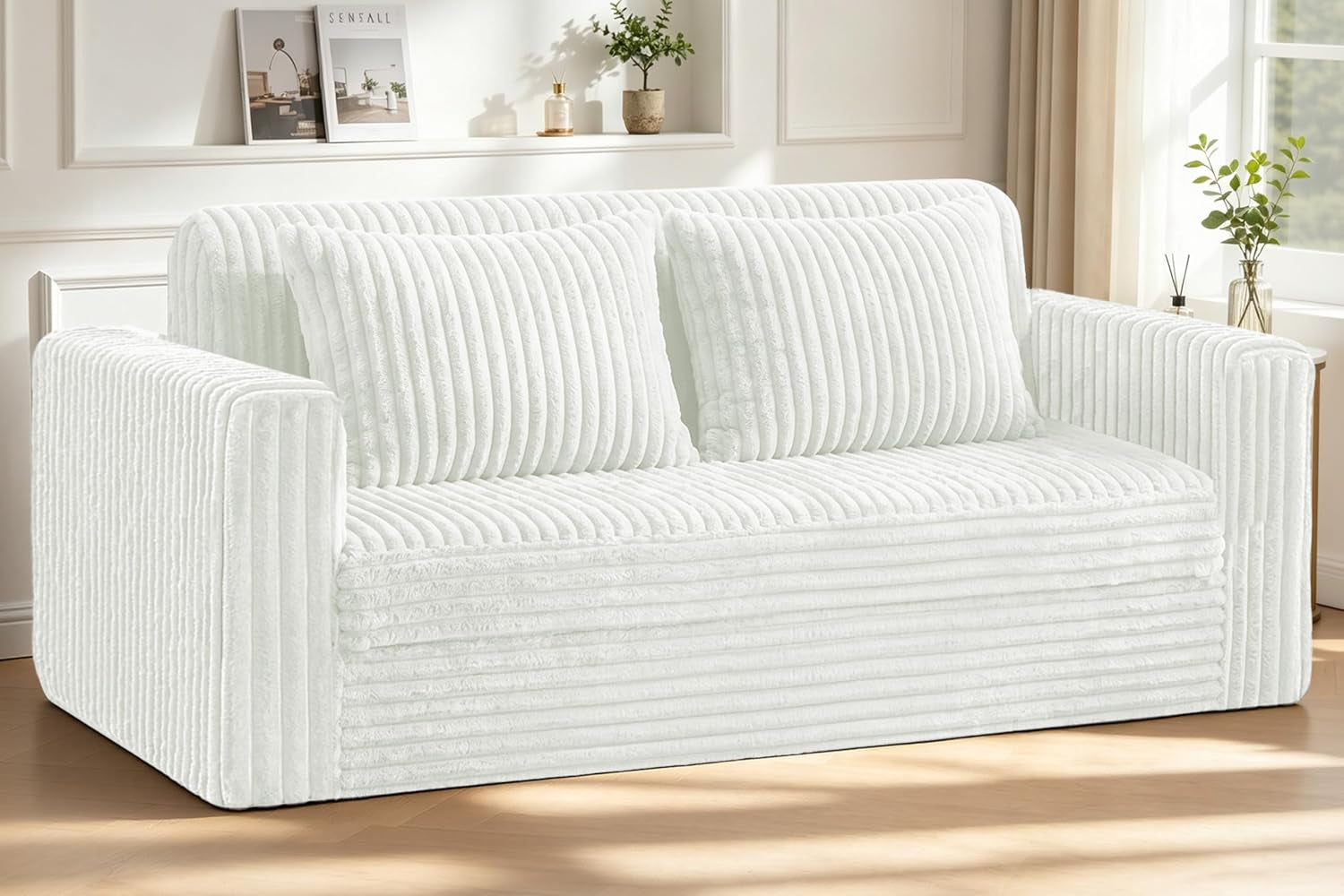 Front view of the same ribbed plush loveseat in a bright white fabric with two matching cushions.
