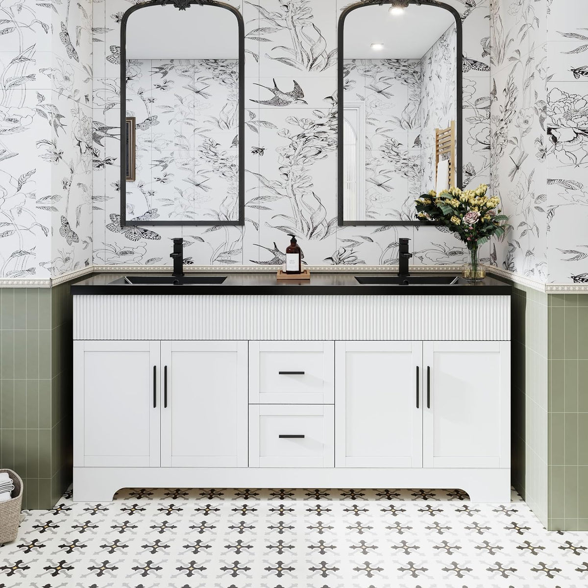 Full-width view of a large white double vanity with two mirrors and patterned floor