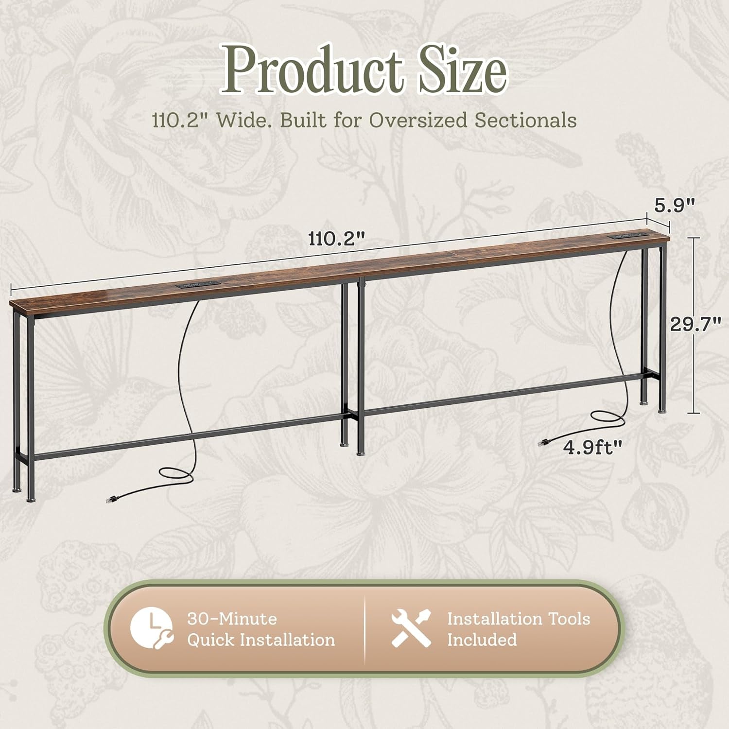 Straight-on diagram of the full-length sofa table with measurements and power cords shown.
