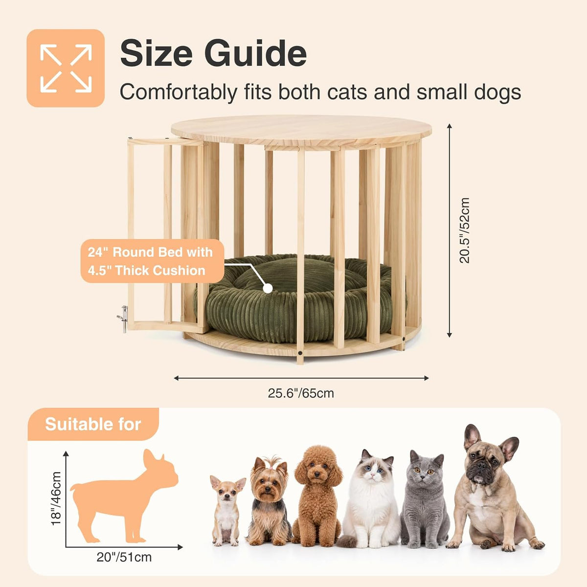 Size guide graphic showing a 25.6" diameter round crate by 20.5" high with a 24" round bed callout and pet silhouettes