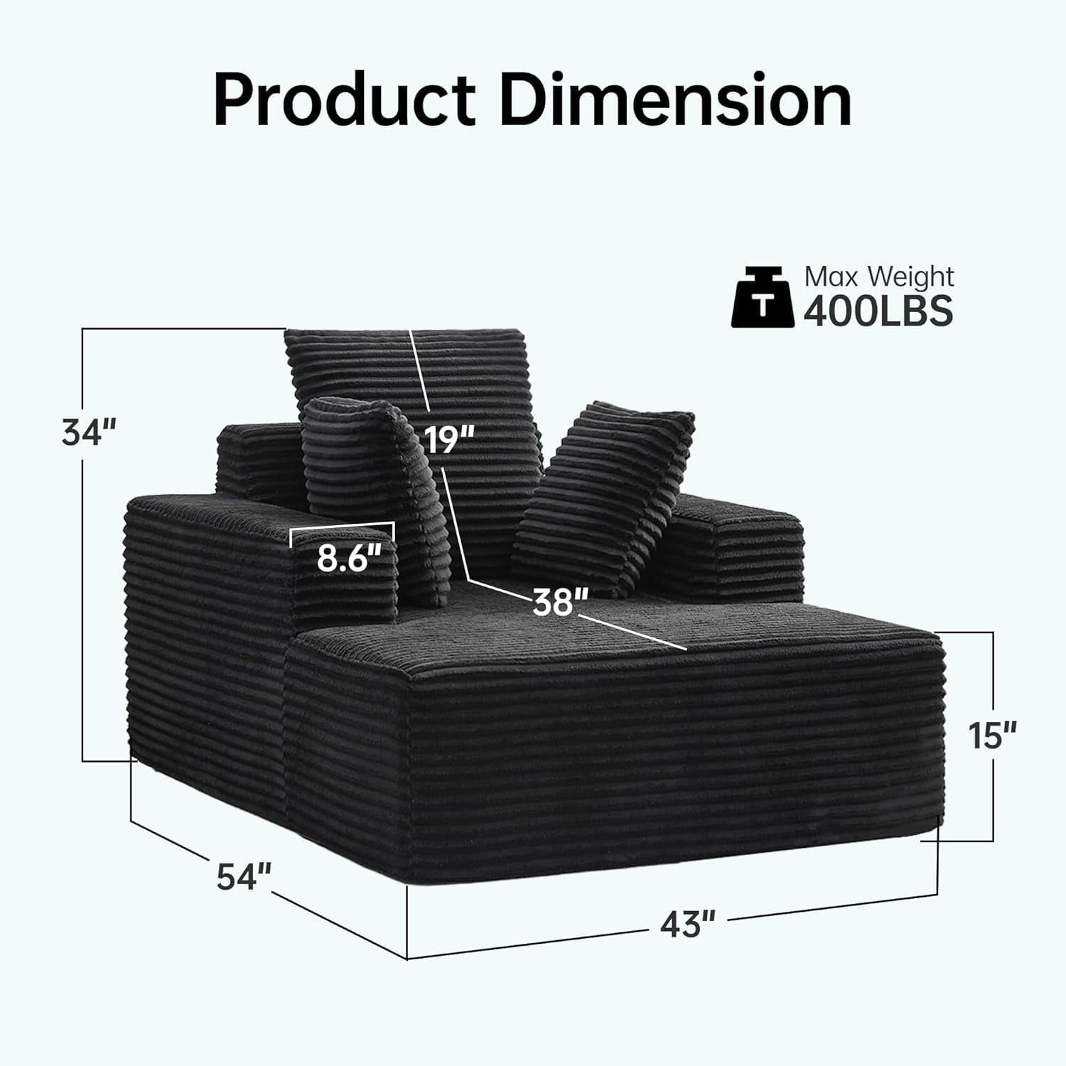 Black chaise lounge with dimensional diagram showing 54" by 43" footprint and other measurements