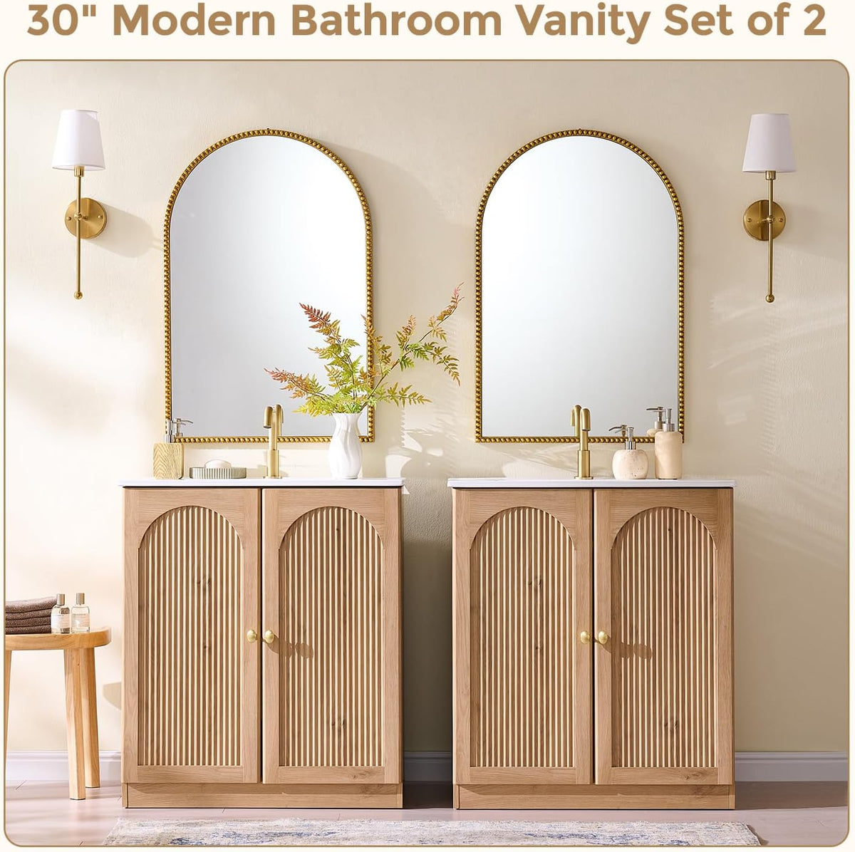 Two 30-inch arched fluted vanities side-by-side in Natural Oak with white sinks in a styled bathroom setting