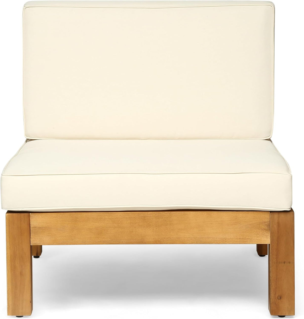 Front view of a single armless chair module with beige cushions and teak-finish acacia frame on white background