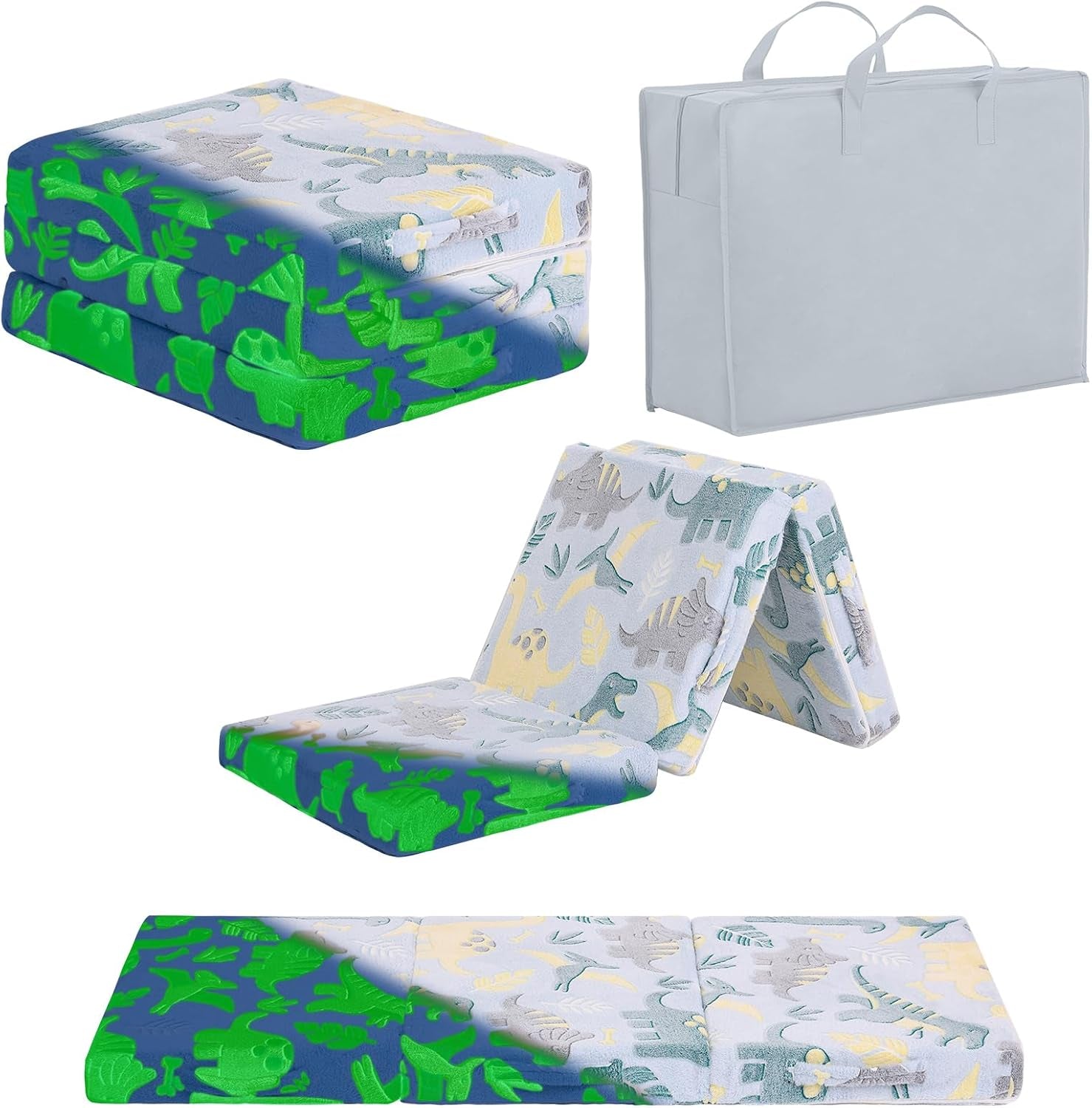 Dinosaur-print mattress shown folded, partially unfolded and flat, with glowing green dinosaur shapes and a storage bag.