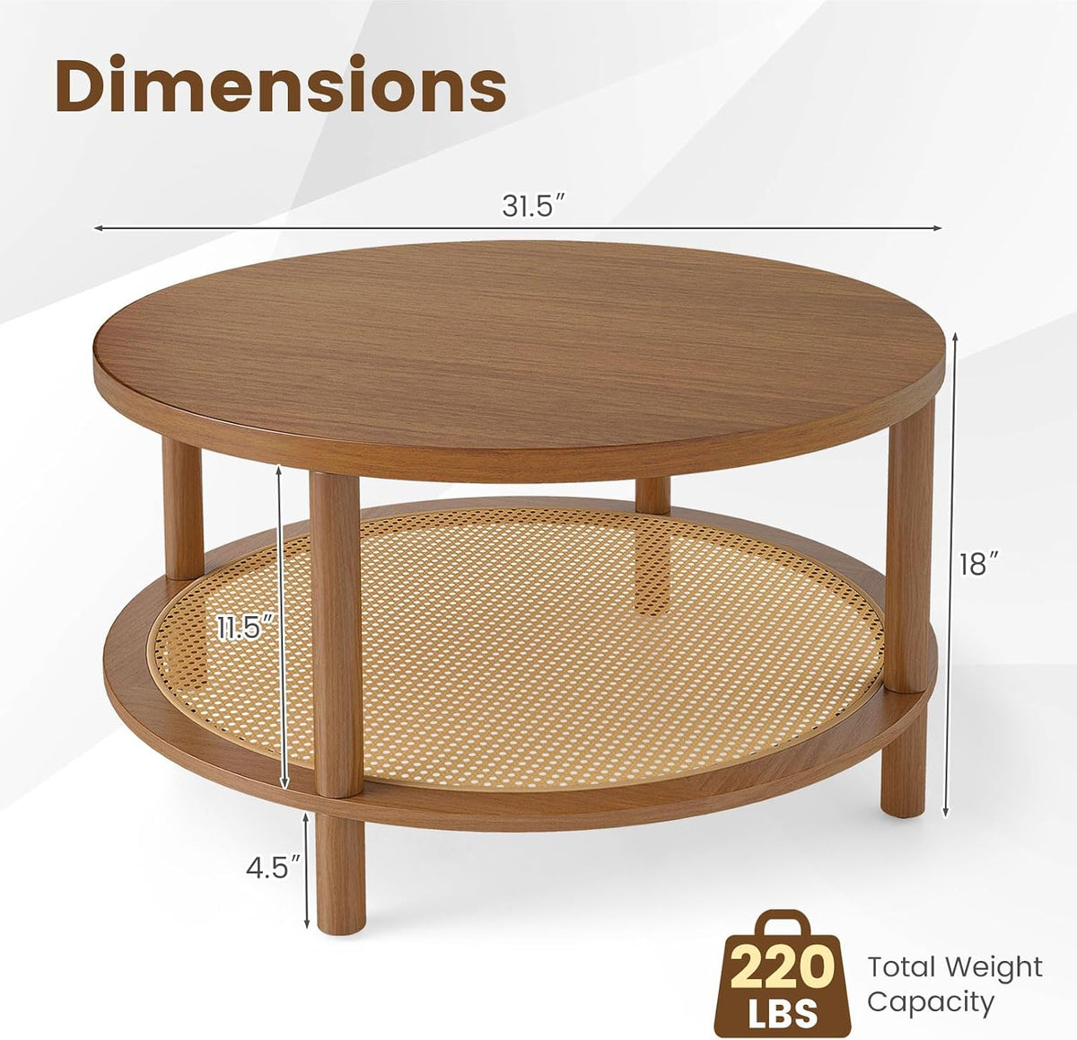 Close-up of brown round coffee table showing woven PE rattan lower shelf and dimension overlays