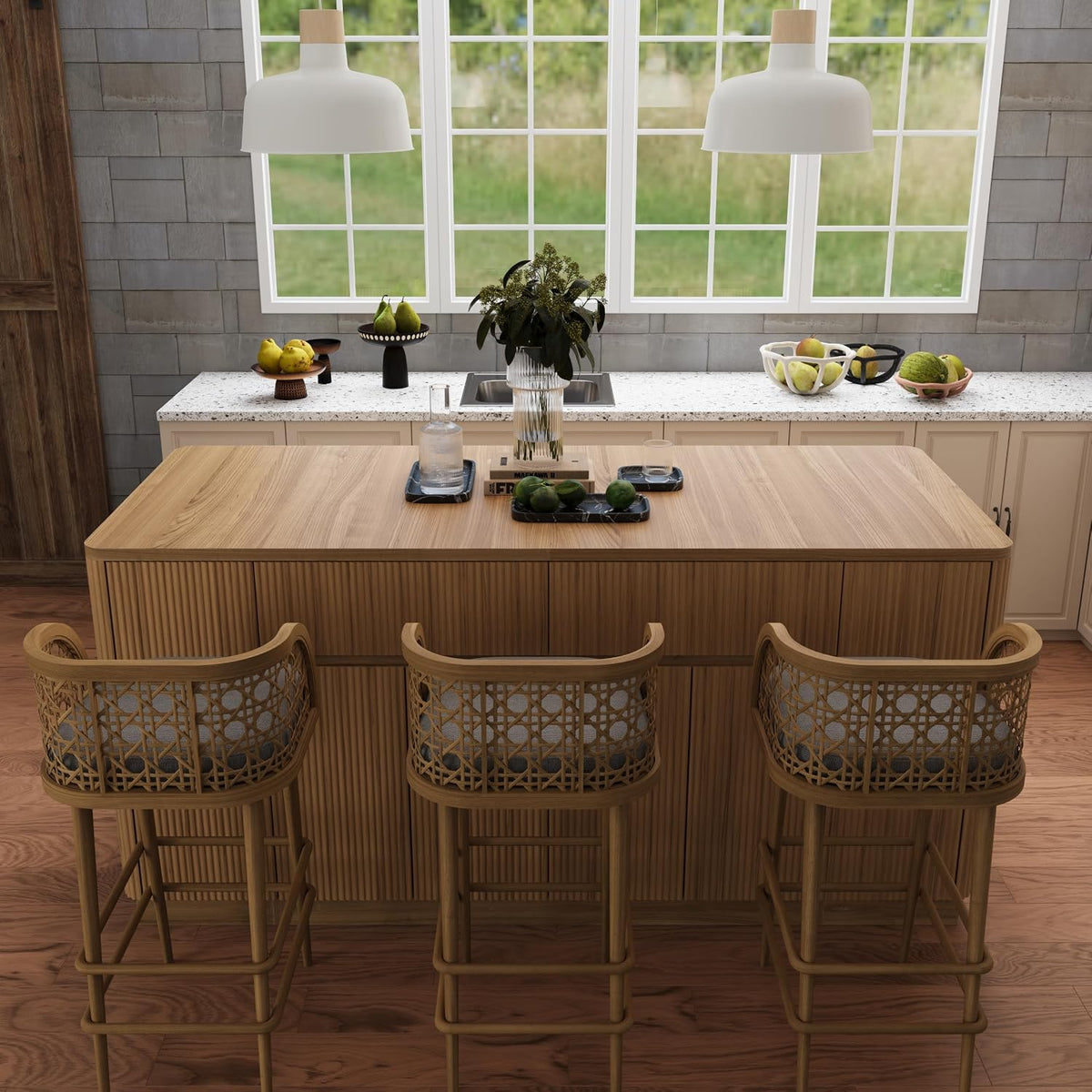 Backside of wood-grain island with three counter stools showing seating area and rounded countertop edge