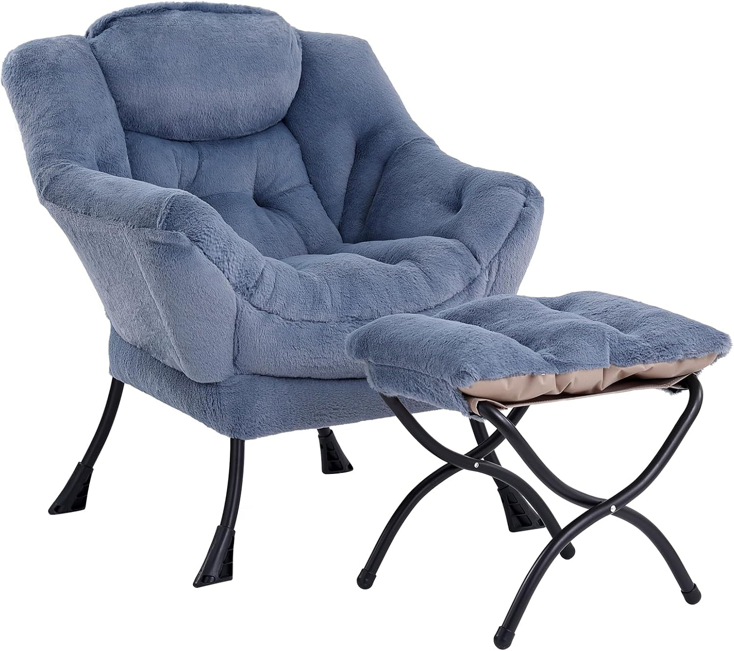 Blue plush chair with tufted cushion and matching ottoman on white background.