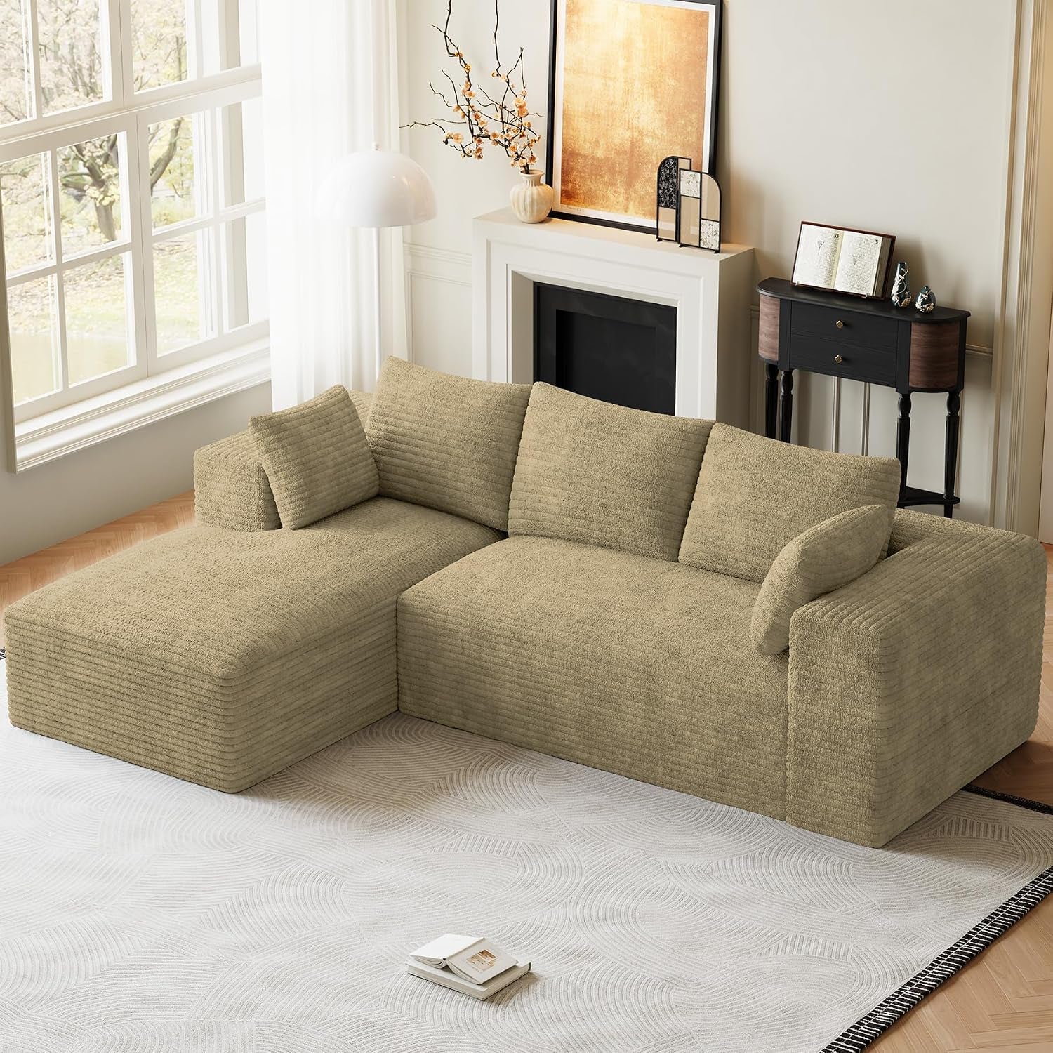 ONEMMLION 96" L-Shaped Cloud Boneless Couch Sofa with Chaise, Beige White | Corduroy Comfy Fluffy Modular Deep Seat Memory Foam Compressed Sectional Sofa for Living Room Oversized Left Facing Chaise