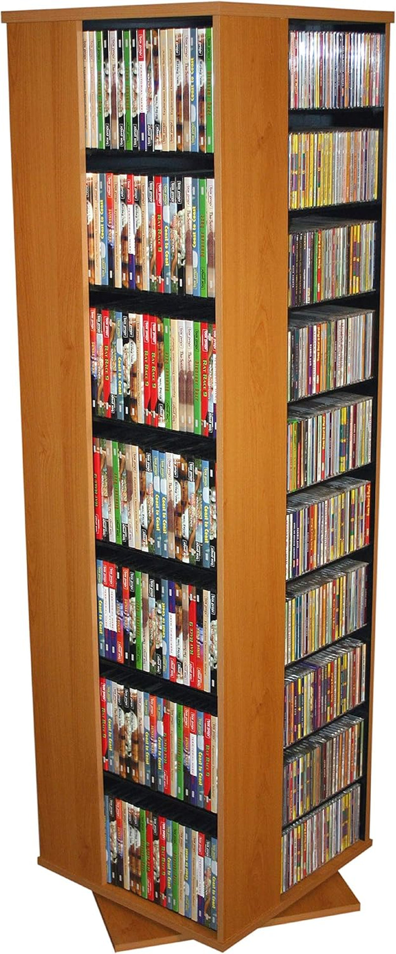 Oak finish 4-sided spinning media tower angled front view loaded with DVDs and CDs.