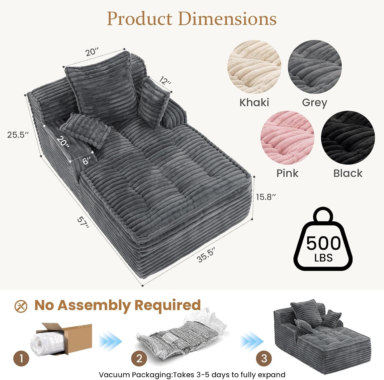 Top-perspective dimension diagram of the chaise with measurements, color swatches, and 500 lb weight icon.