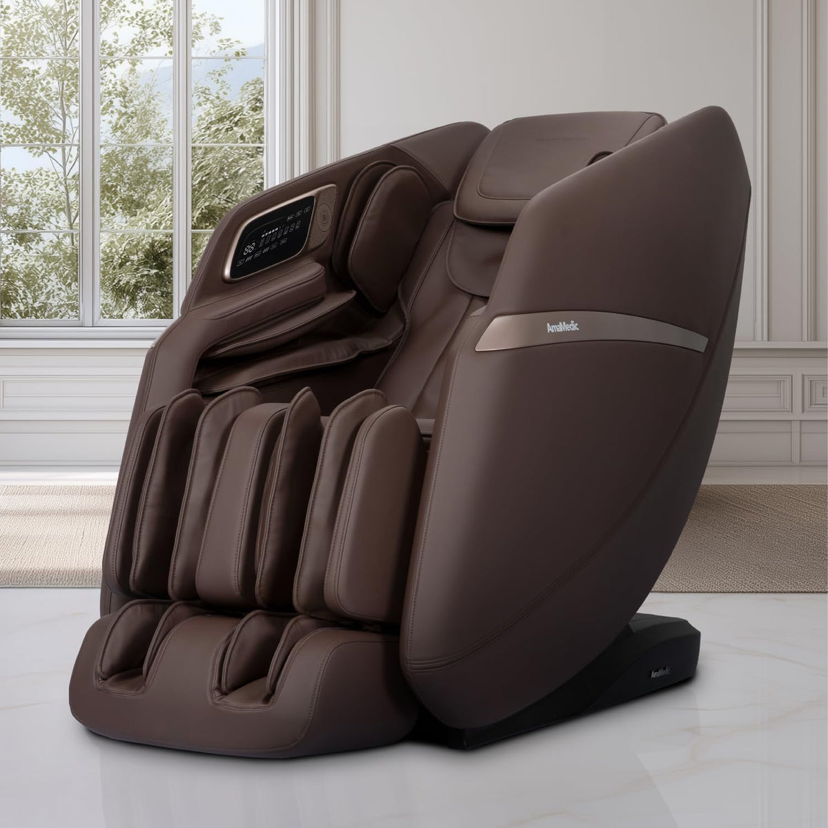 Brown full-body massage chair angled front view showing footrest, arm panels and touchscreen arm control in a bright room