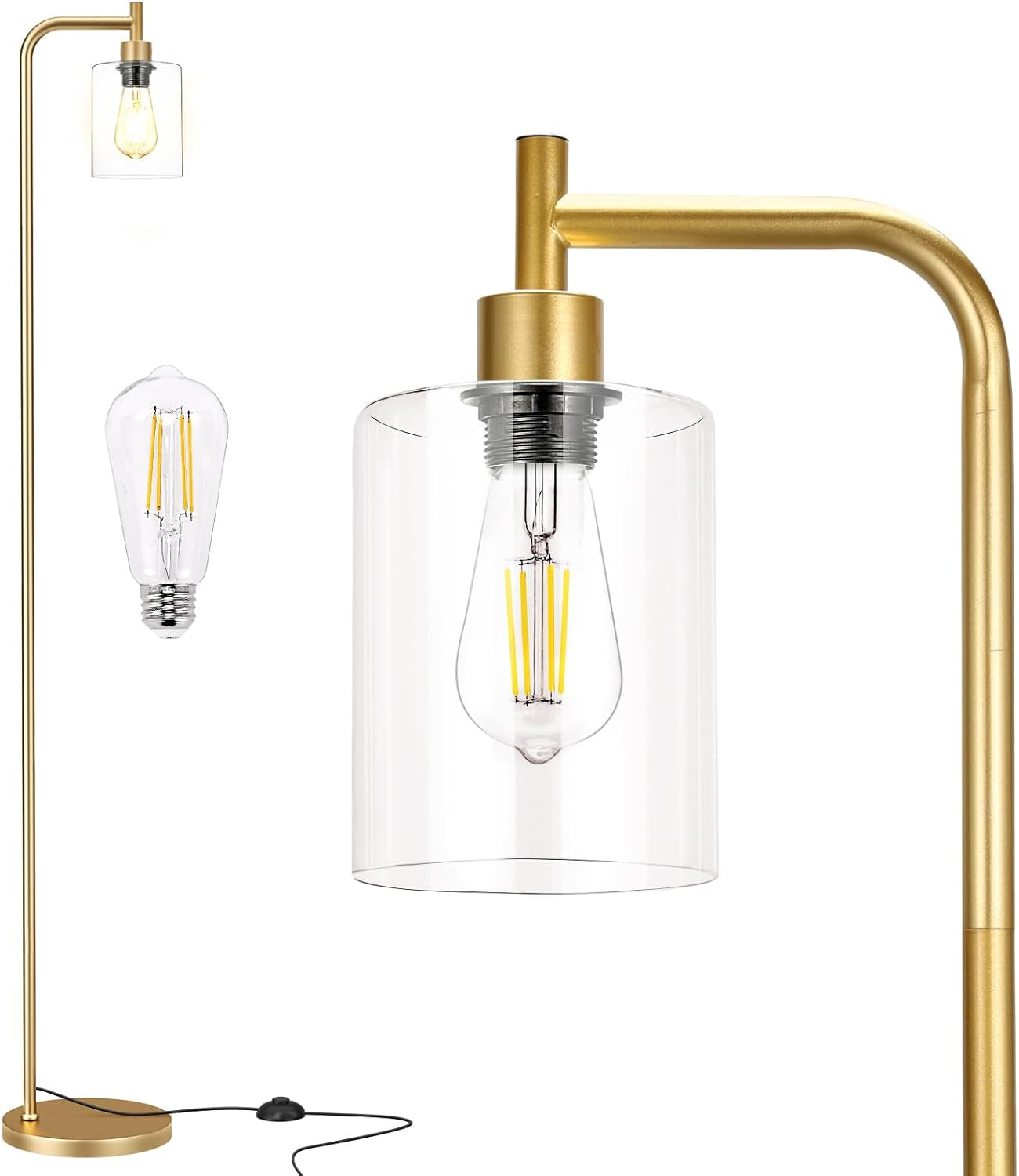 Gold-finish floor lamp shown full height with close-up of clear cylindrical glass shade and bulb.