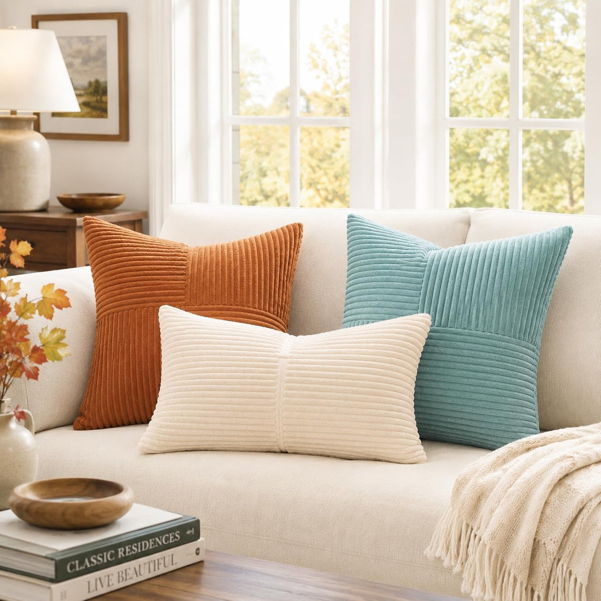 Two square pillows in rust orange and teal with a long cream lumbar pillow on a light sofa.