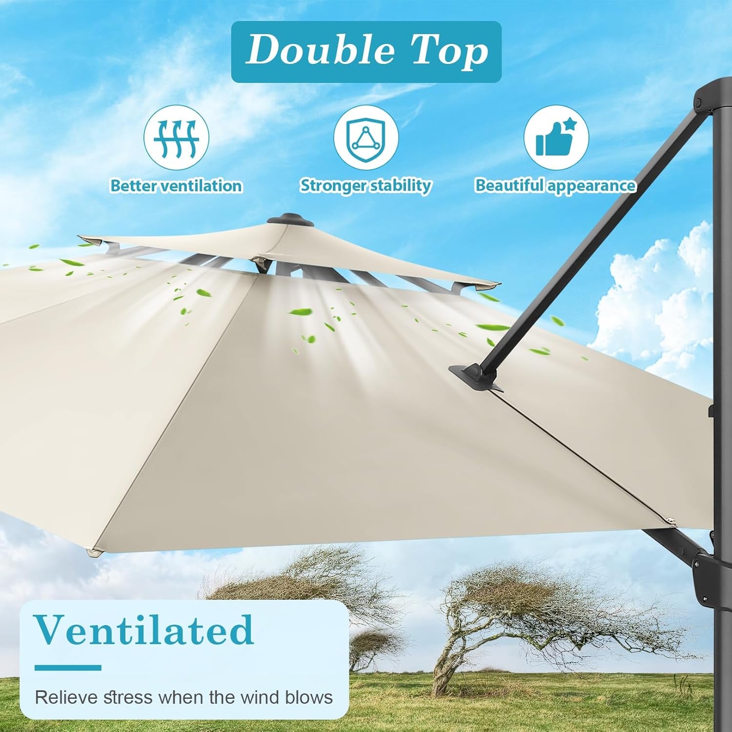 Close-up of the double-top vent and beige canopy fabric showing airflow and vent detail