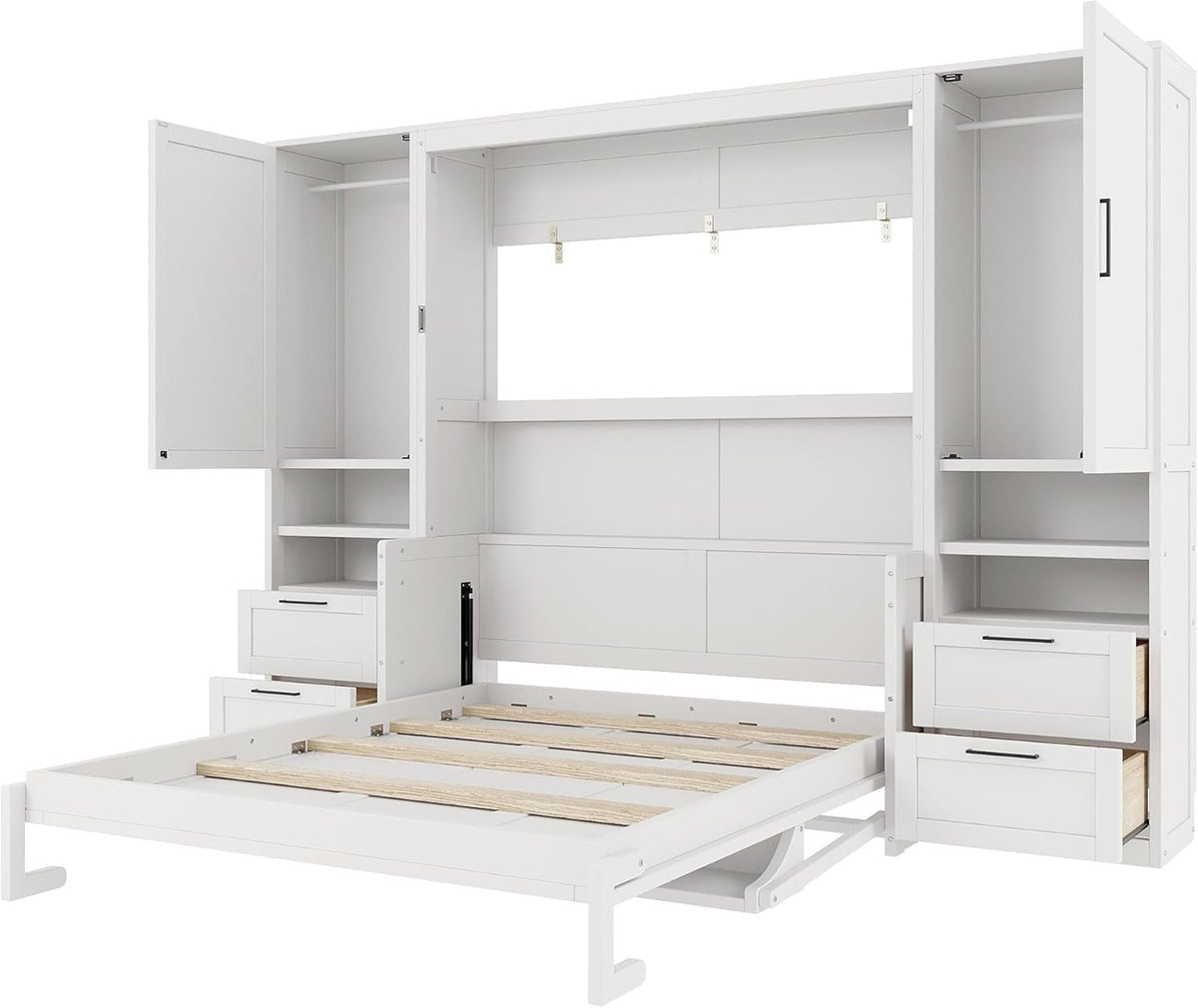 White murphy bed pulled down showing wooden slats, extended frame and open storage cabinets on each side.