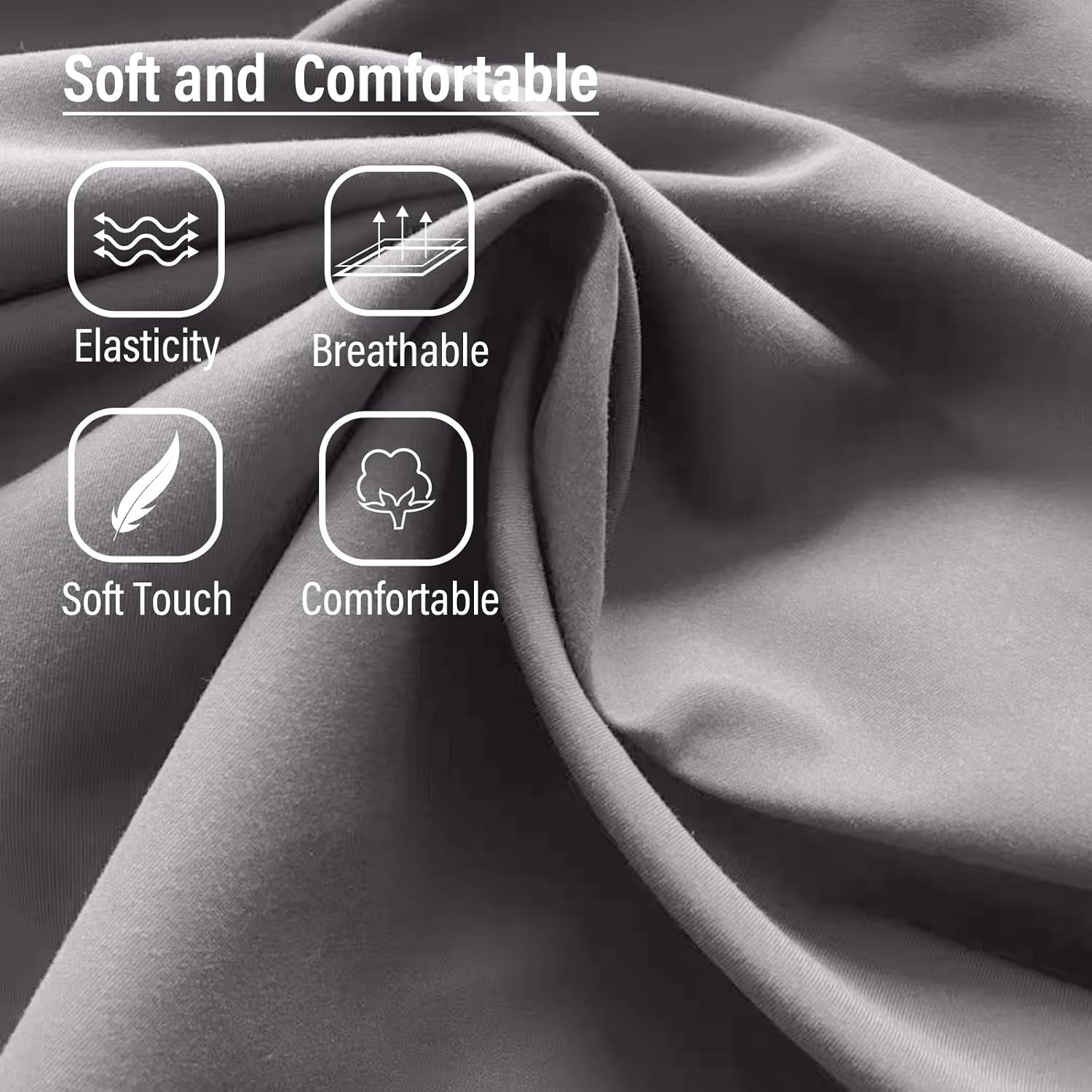 Close-up of dark grey soft fabric with gentle folds and four icon overlays describing texture.