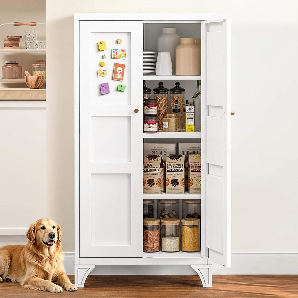 White metal two-door storage cabinet with right door open showing jars and pantry items, angled front view with dog at base