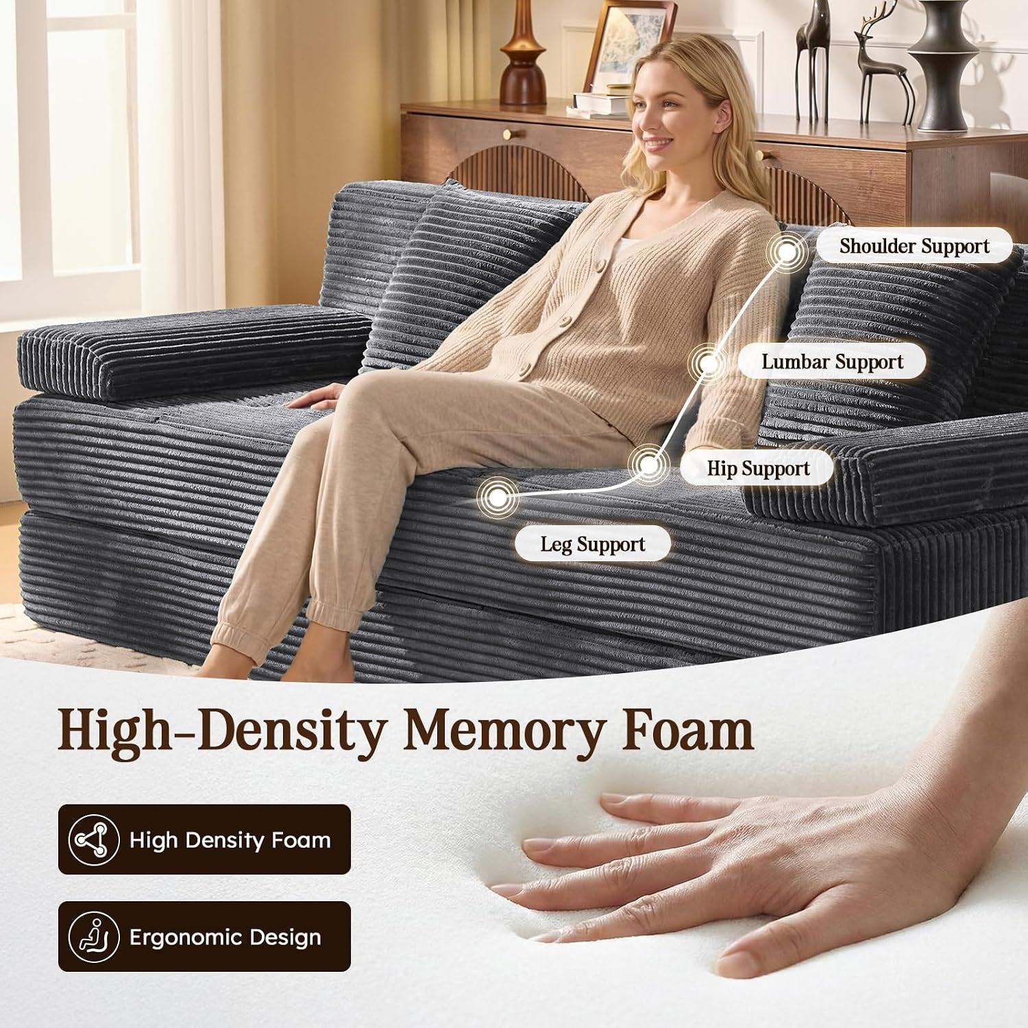 Woman sitting on a ribbed corduroy sofa with ergonomic support callouts and hand pressing foam