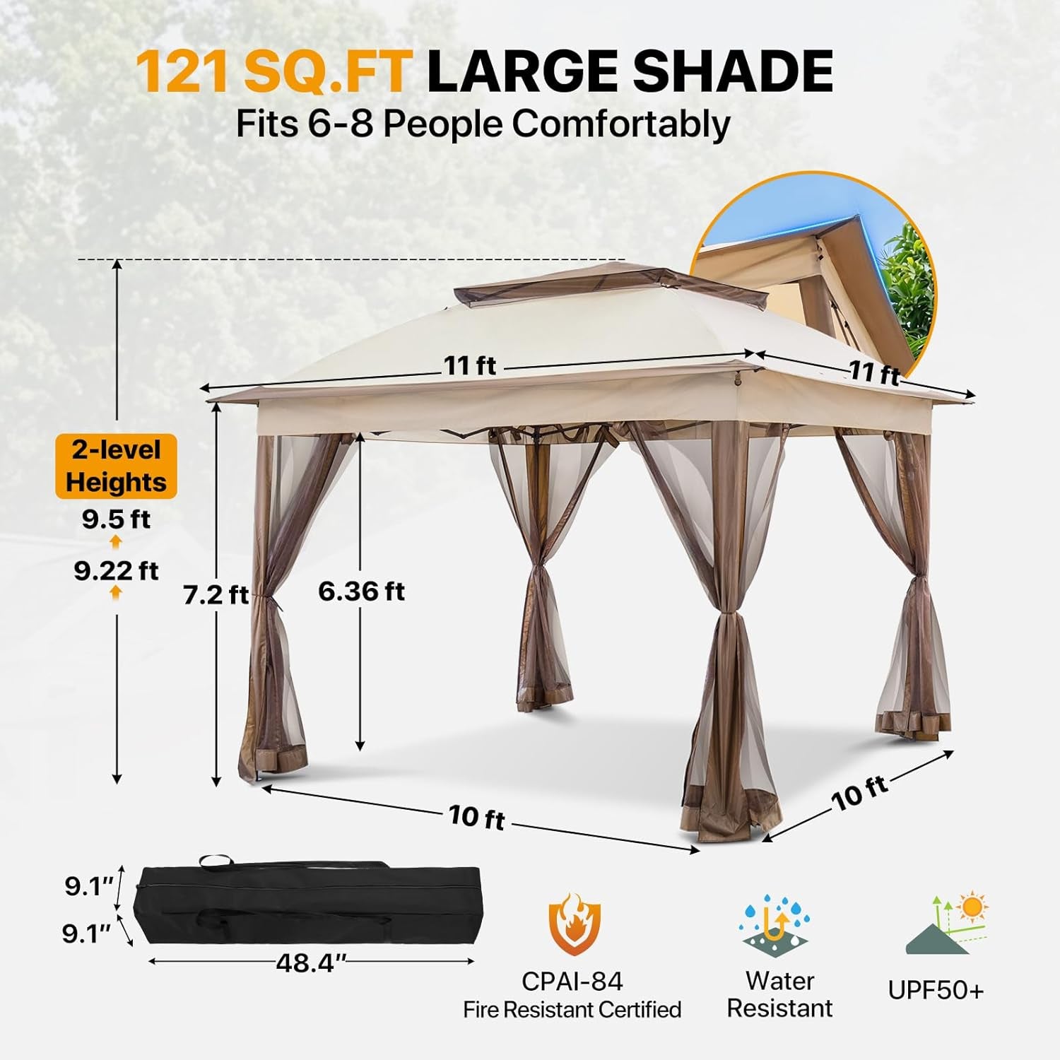 Graphic showing 11x11 gazebo coverage labeled 121 sq ft with carrying bag and feature icons