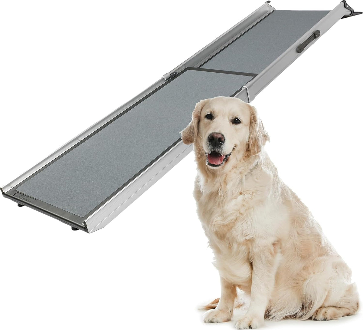 Aluminum telescoping pet ramp angled front view with a golden retriever seated beside the ramp.