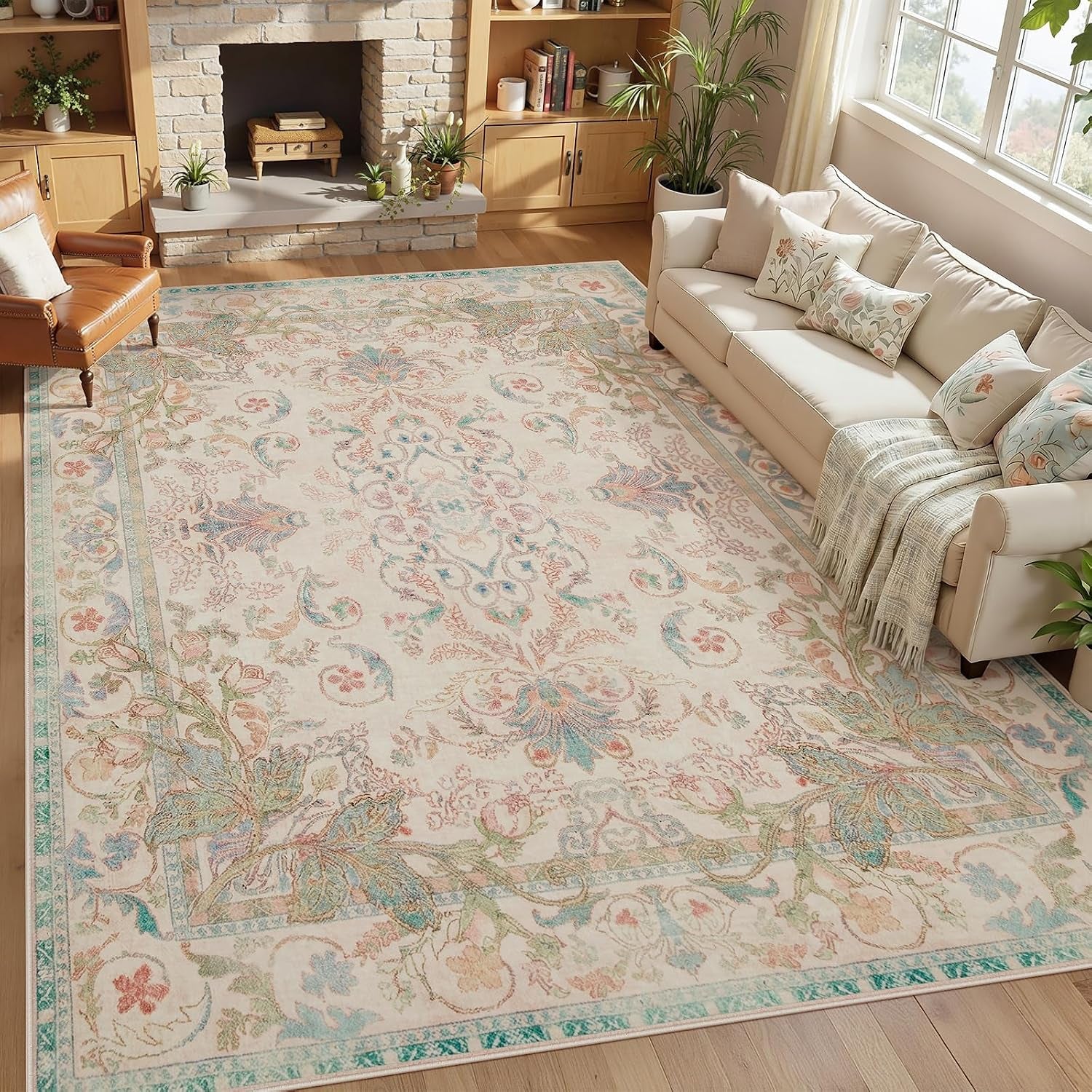 Beige medallion floral area rug shown full-view in a living room with a sofa, armchair and hardwood floor