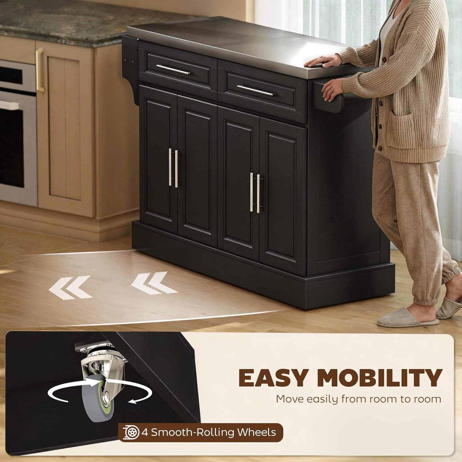 Side view showing a caster wheel and a person moving the cart to illustrate easy mobility