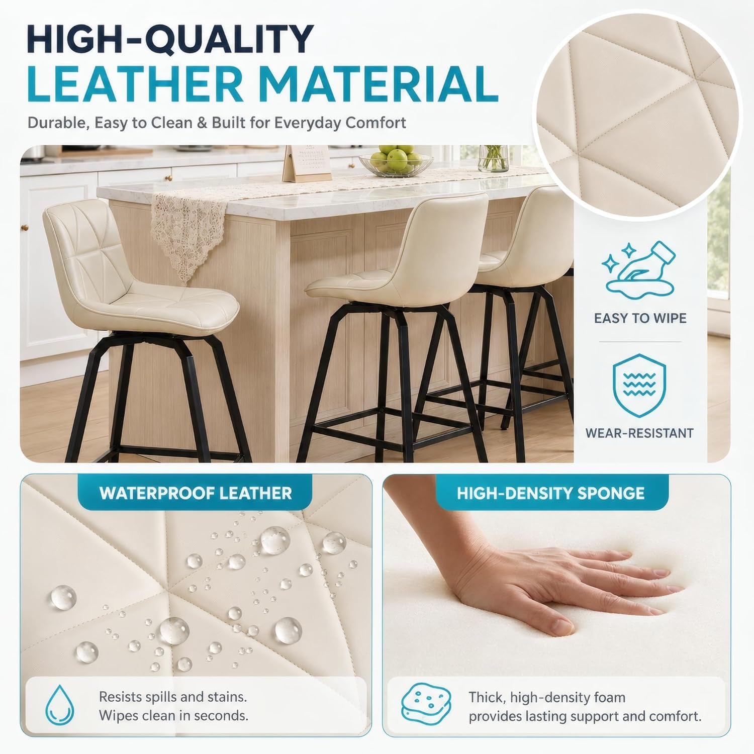 Collage showing a kitchen island with three white quilted faux-leather stools, seat close-up and waterproof droplets.
