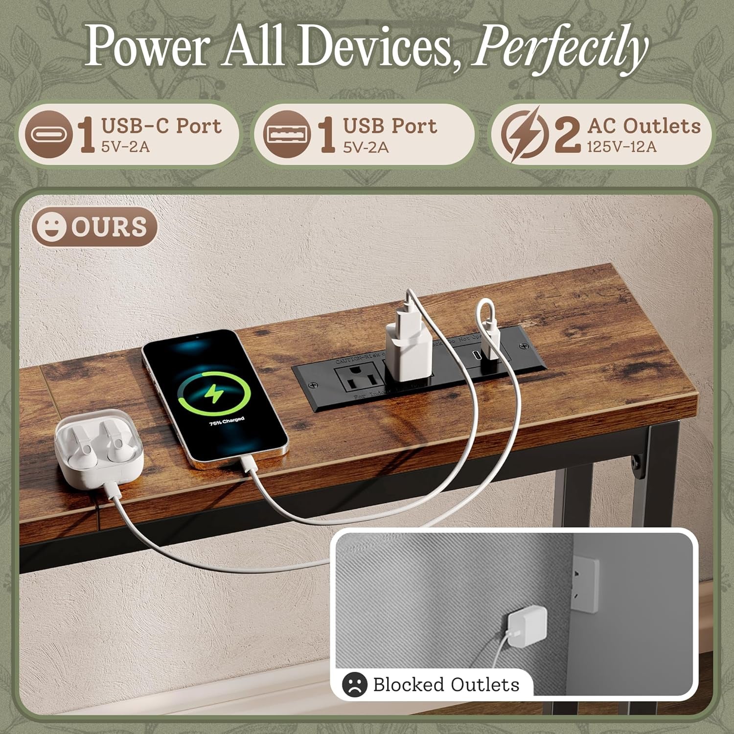 Close-up of the table top showing a recessed power panel with two outlets and USB ports charging devices.