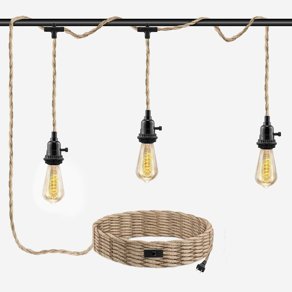 Three hanging hemp-rope cords suspended from a black rail with T-connectors visible