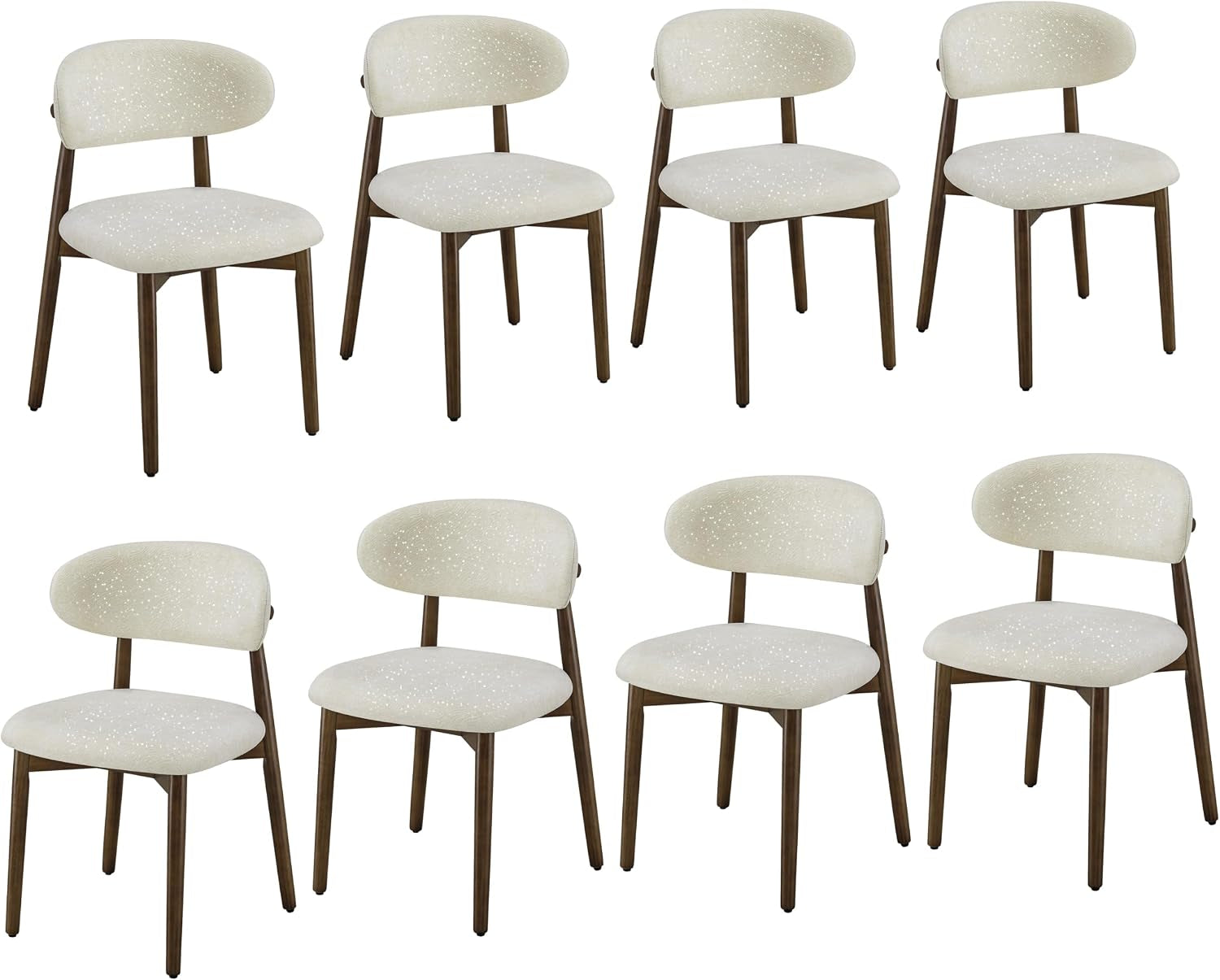 Eight cream-speckled curved-back dining chairs with brown legs arranged on white.