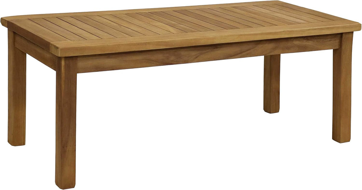 Front-right angle isolated view of teak coffee table on a white background showing slatted top and square legs