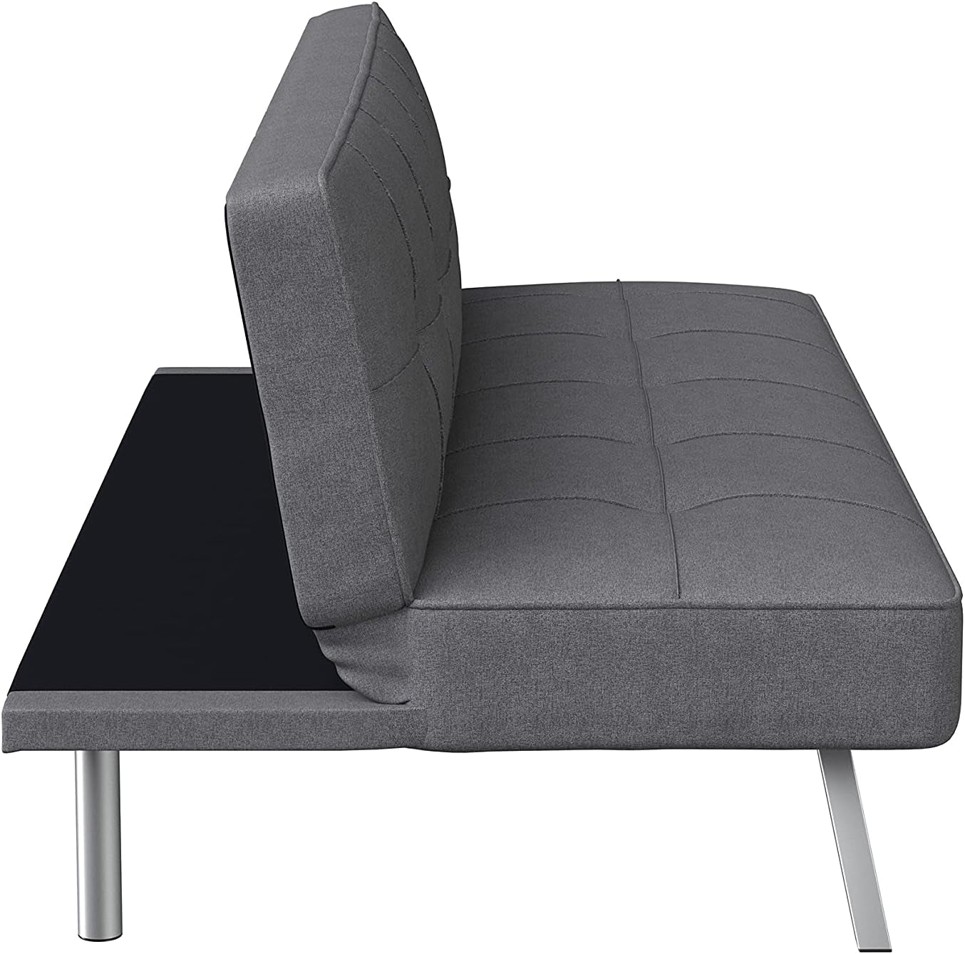 Side profile of charcoal convertible sofa showing tufted seat and back with metal legs and platform base