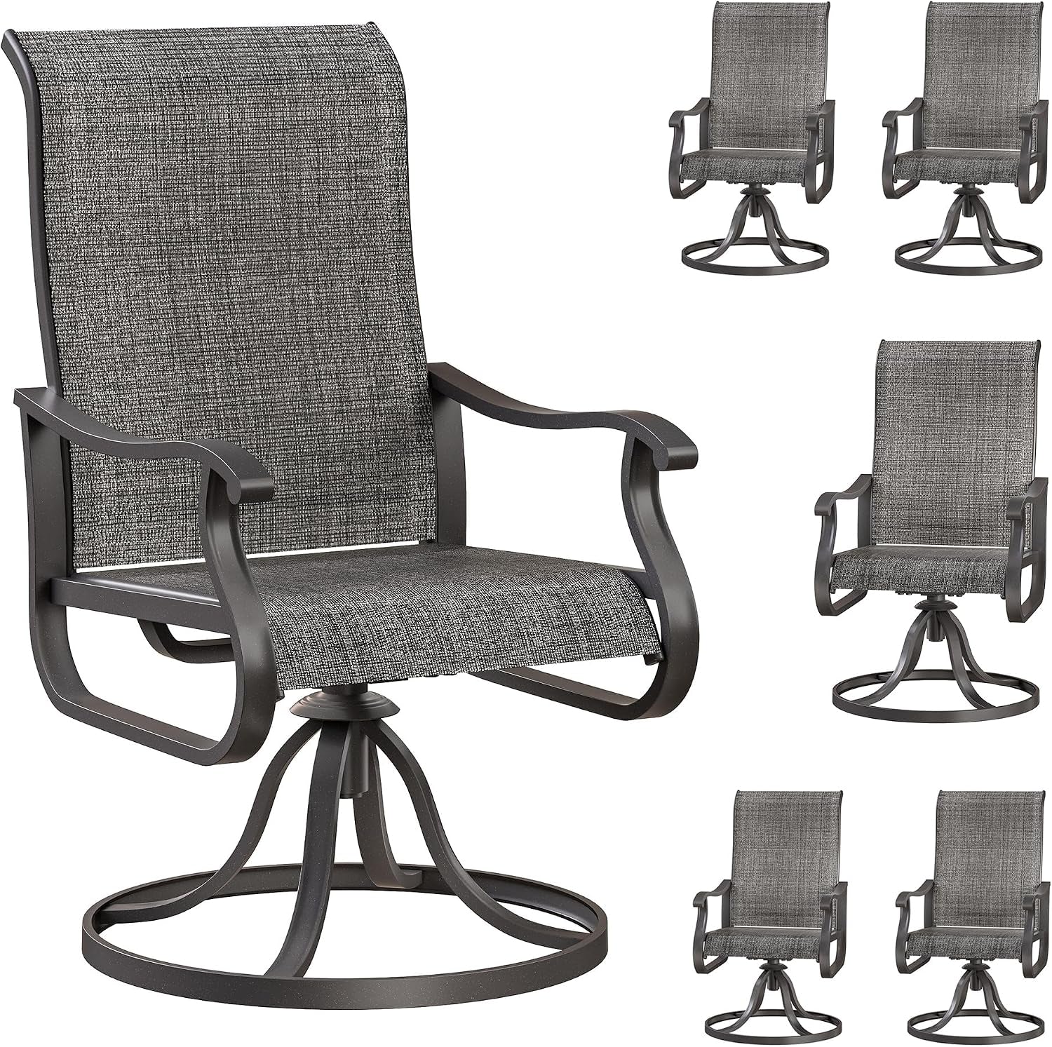 Dark gray textured high-back outdoor swivel rocking chair shown large with four smaller perspective views