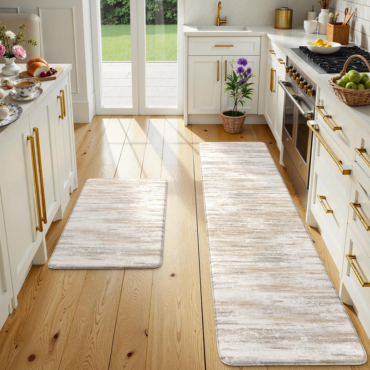 Light-filled galley kitchen with two coordinating mats: a long runner and a smaller mat near the stove.