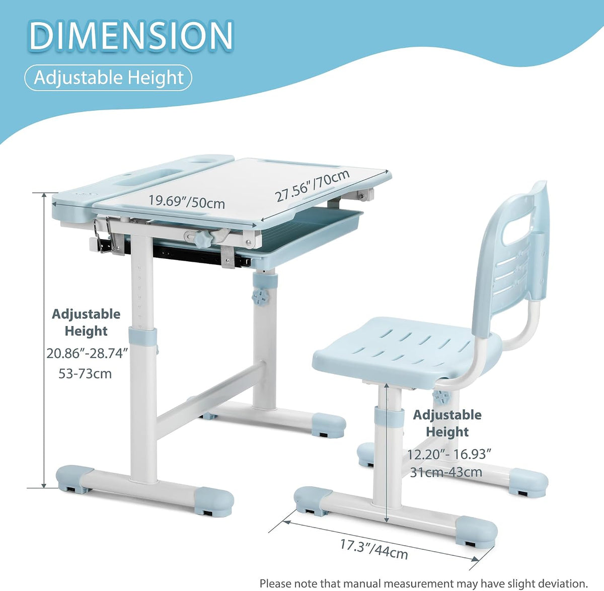 Isolated desk and chair with arrows and measurements showing adjustable height and footprint dimensions