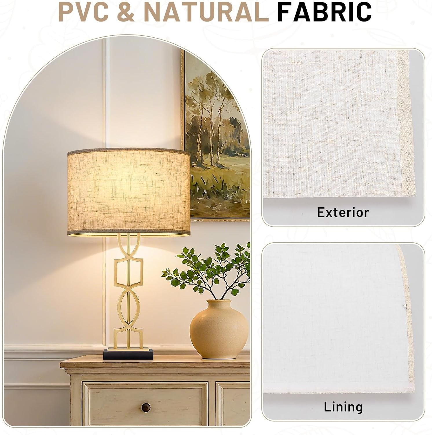 Beige linen exterior texture closeup with white lining swatch and a lit lamp on a console