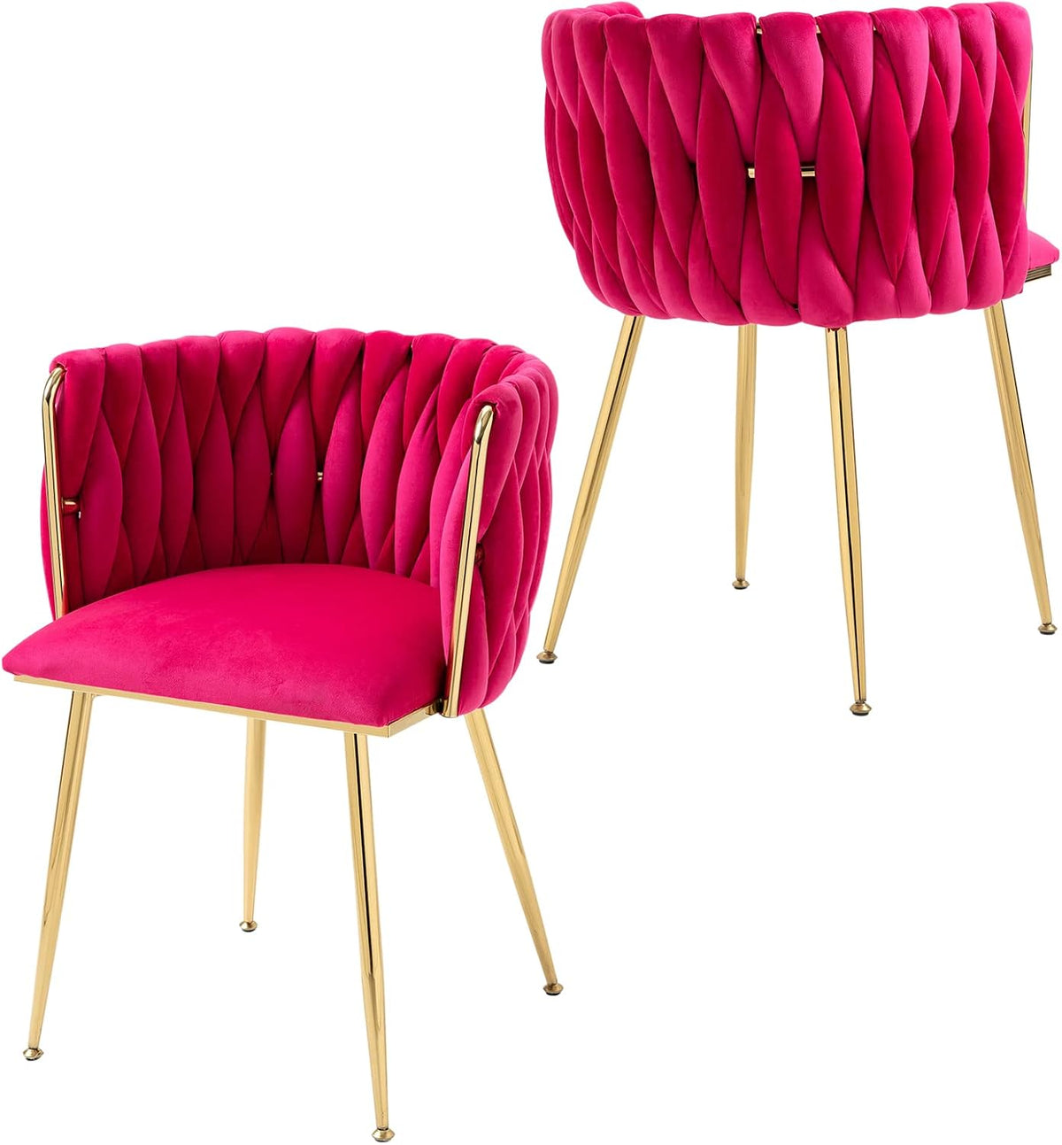 Two bright pink velvet dining chairs showing front and rear views with braided quilted backs and gold legs.
