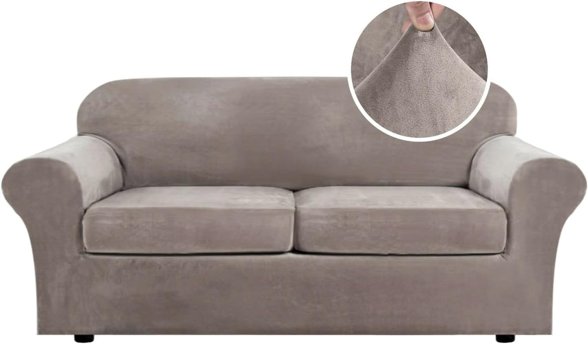 Front-facing two-seat sofa in muted mauve-gray with short black legs visible and a top-right circular inset showing a fabric