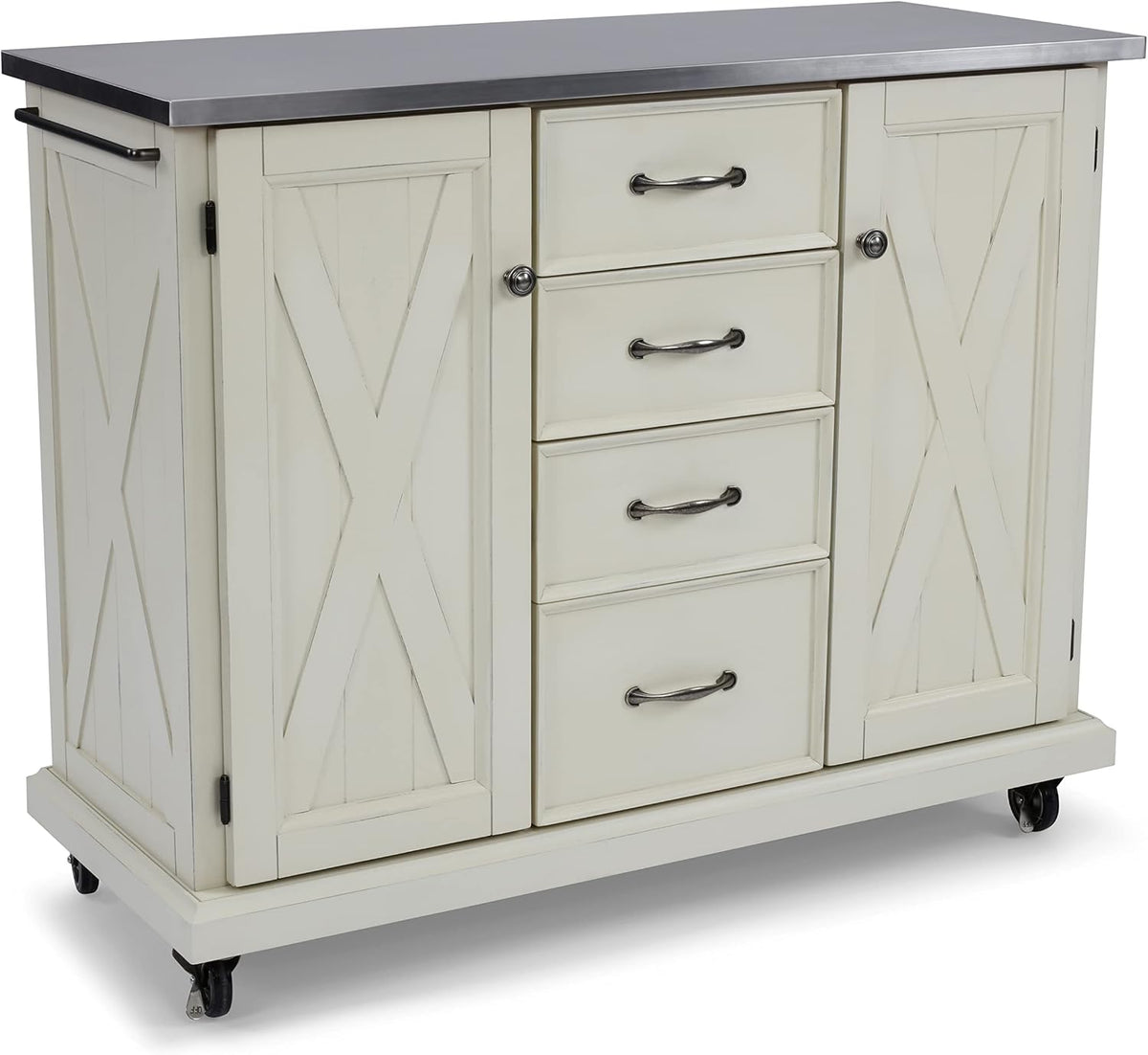 Three-quarter studio view of off-white kitchen cart showing X-paneled doors, four closed center drawers, metal knobs and