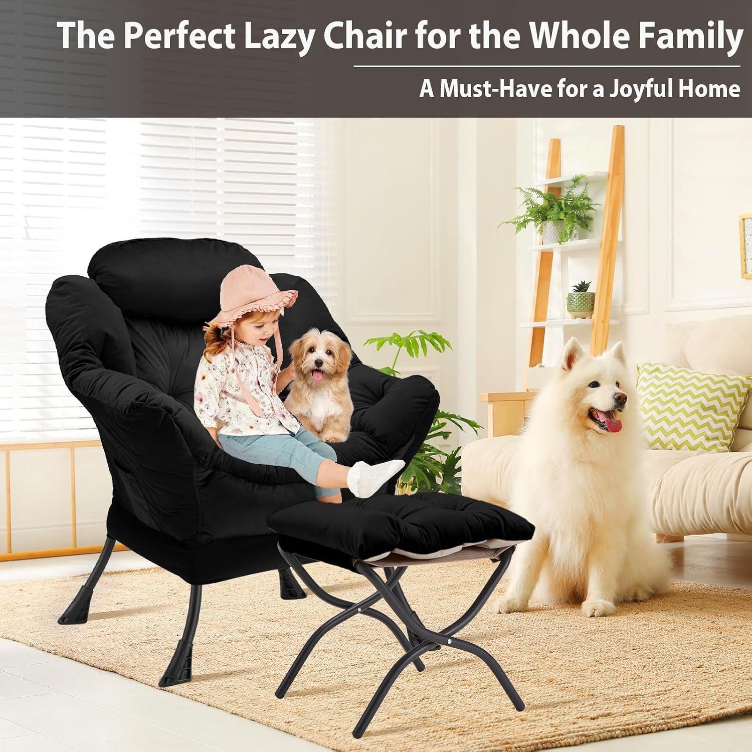 Black lazy chair with a child and small dog seated, ottoman in front demonstrating use