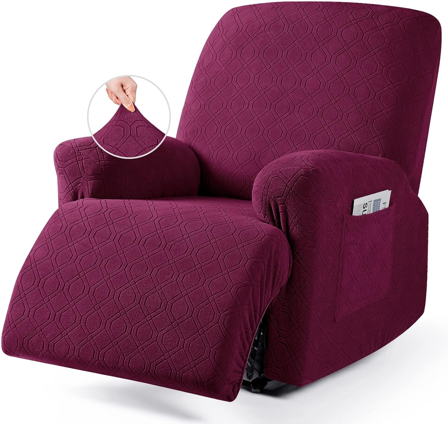 Single recliner covered in a textured burgundy slipcover with a fabric-stretch inset and side pocket holding a magazine.