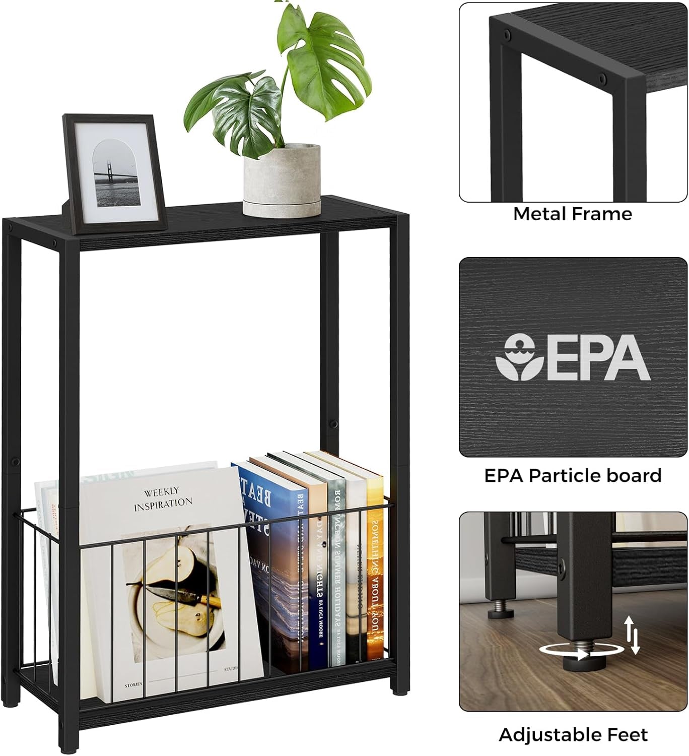 Close-up layout image showing metal frame, EPA particleboard graphic and adjustable feet