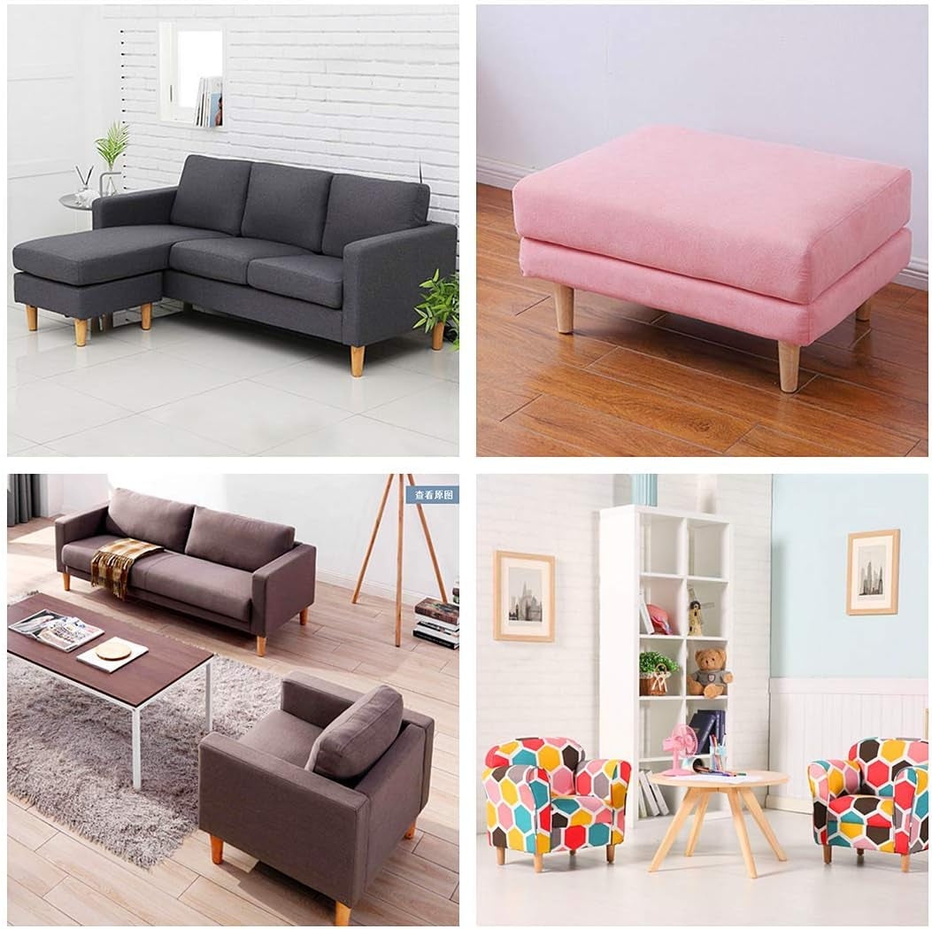 Four lifestyle scenes showing natural wood legs fitted to sofas, an ottoman and a chair in living room settings