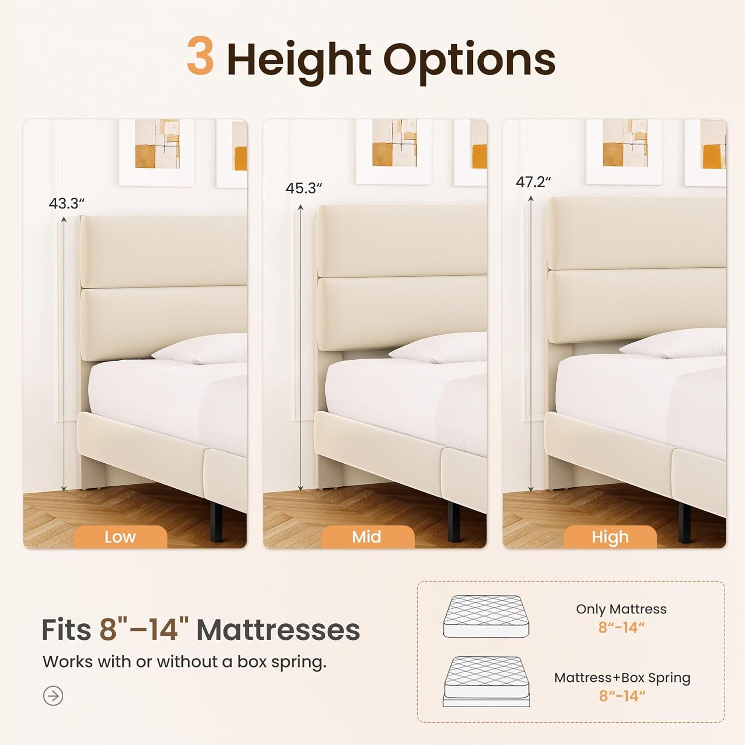 Infographic showing three headboard heights and mattress or box-spring compatibility.
