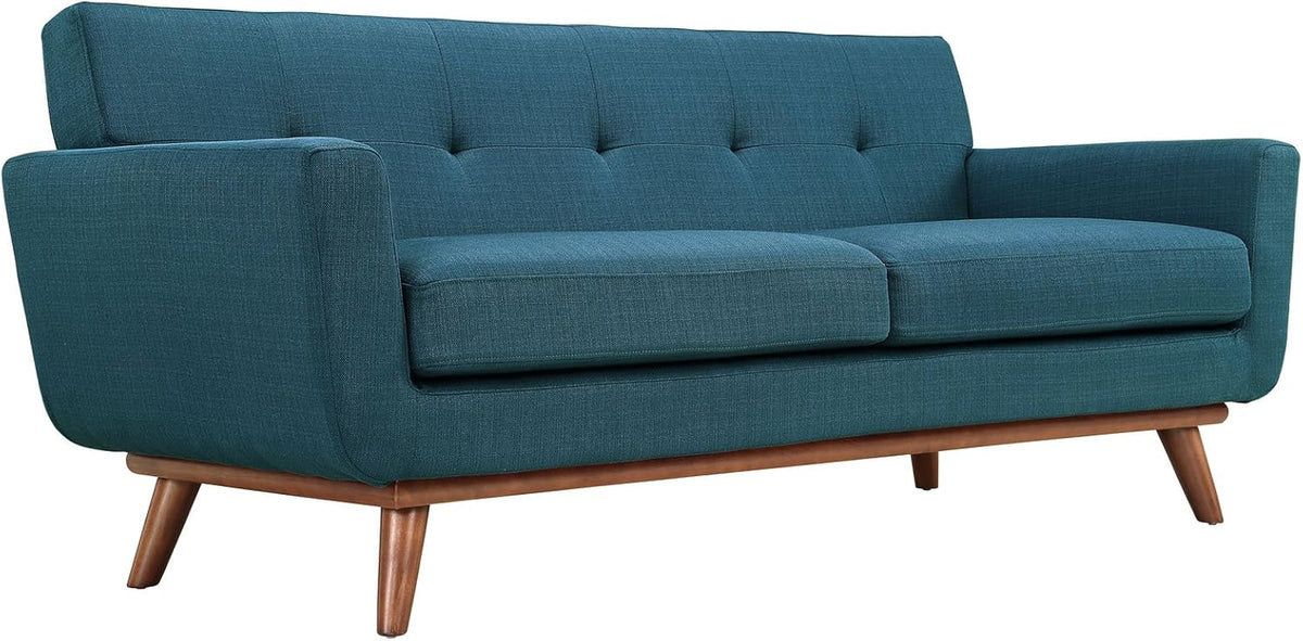 Azure upholstered sofa three-quarter front view showing button-tufted back and two seat cushions